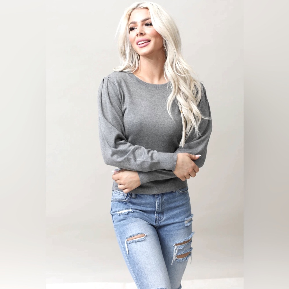 Sz S women Cielo Jeans USA crew neck puff sleeve soft and sexy stretch grey
